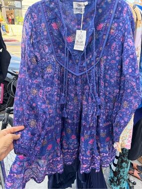 NWT Blue Boheme Blue Floral Boho Tunic Blouse S/M Tassel Tie Bell Sleeve
